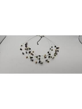 Multi-Strand Beaded Necklace with Brass Glass and Black Stone Beads